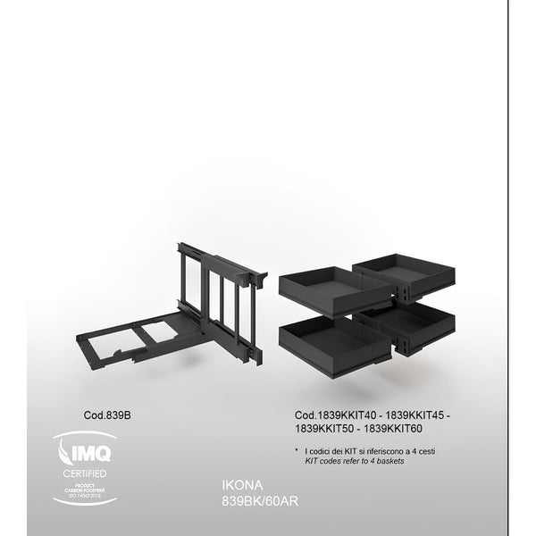 Inoxa Compact 2 Reversible Corner Cabinet Pull-Out Mechanism with 4 Aluminum Baskets for 60cm Kitchen Base Cabinet