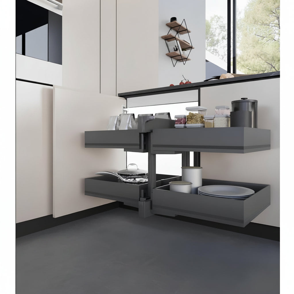 Dark gray IKONA modular kitchen cabinets with pull-out shelves and drawers, shown in a modern kitchen setting with a visible IMQ certification logo and model text at the bottom.