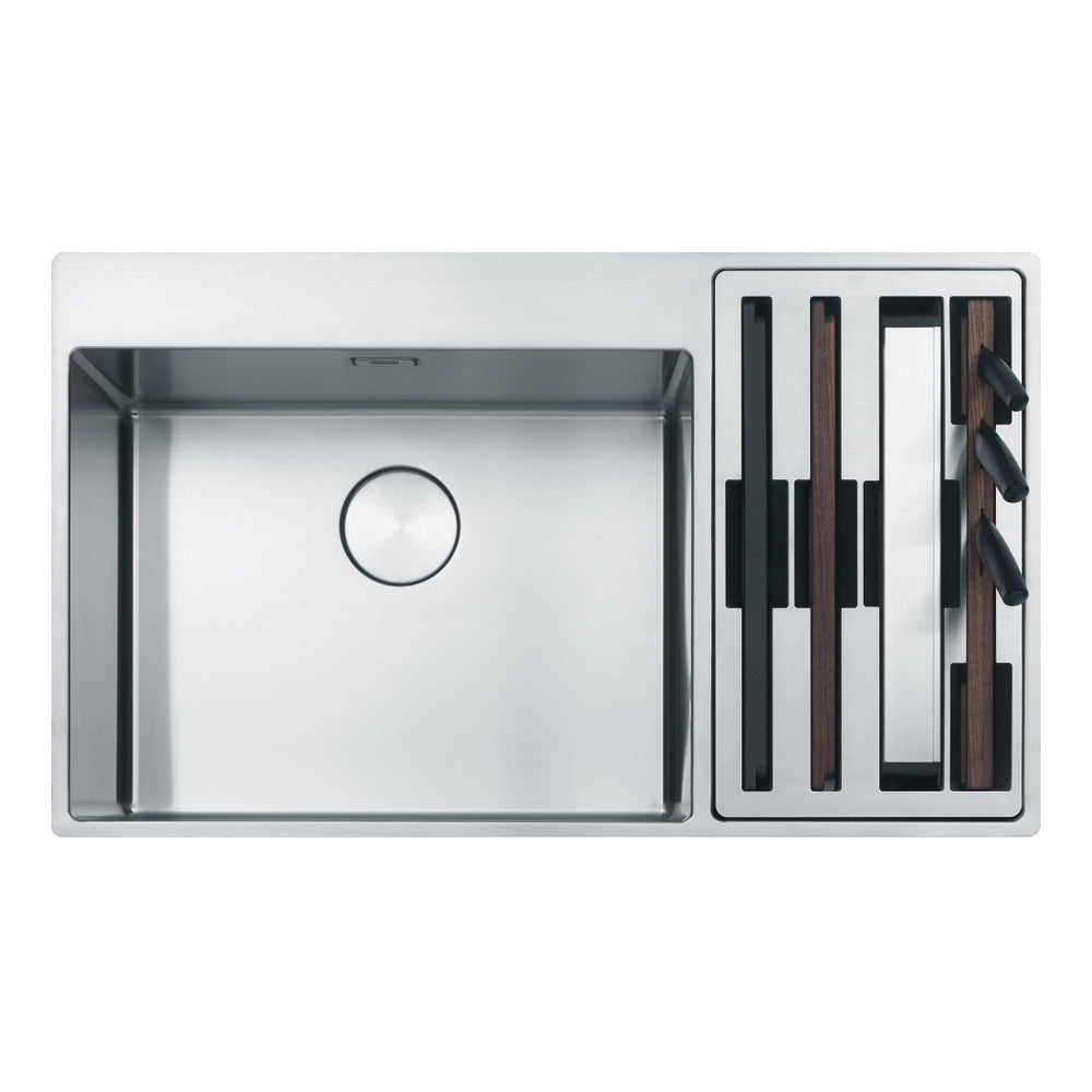 Franke BWX 220-54-27 Box Center top-mount stainless steel sink, 1 and 1/2 bowl kitchen sink, 860mm by 510mm by 200mm, with modern design, integrated knife holder, and wooden accessories
