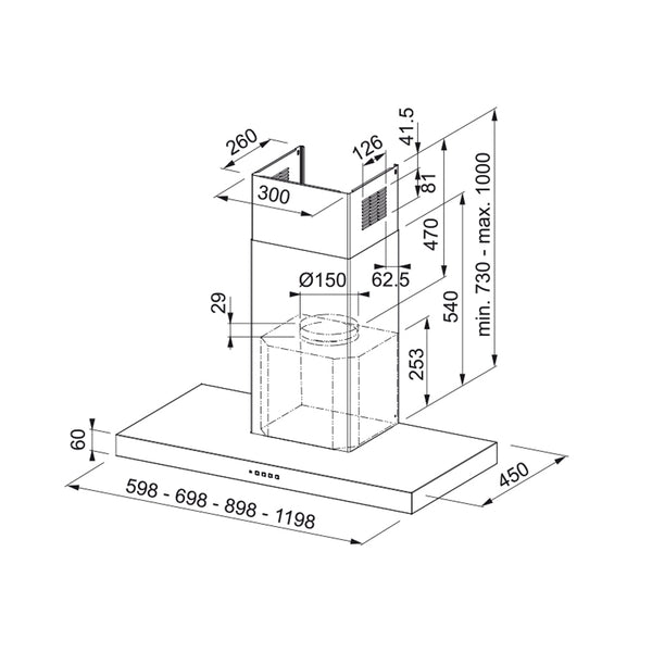 Franke 90cm Wall Mounted, FDF EV8 90 BK, 710m³/h, Push Button Control, Stainless Steel