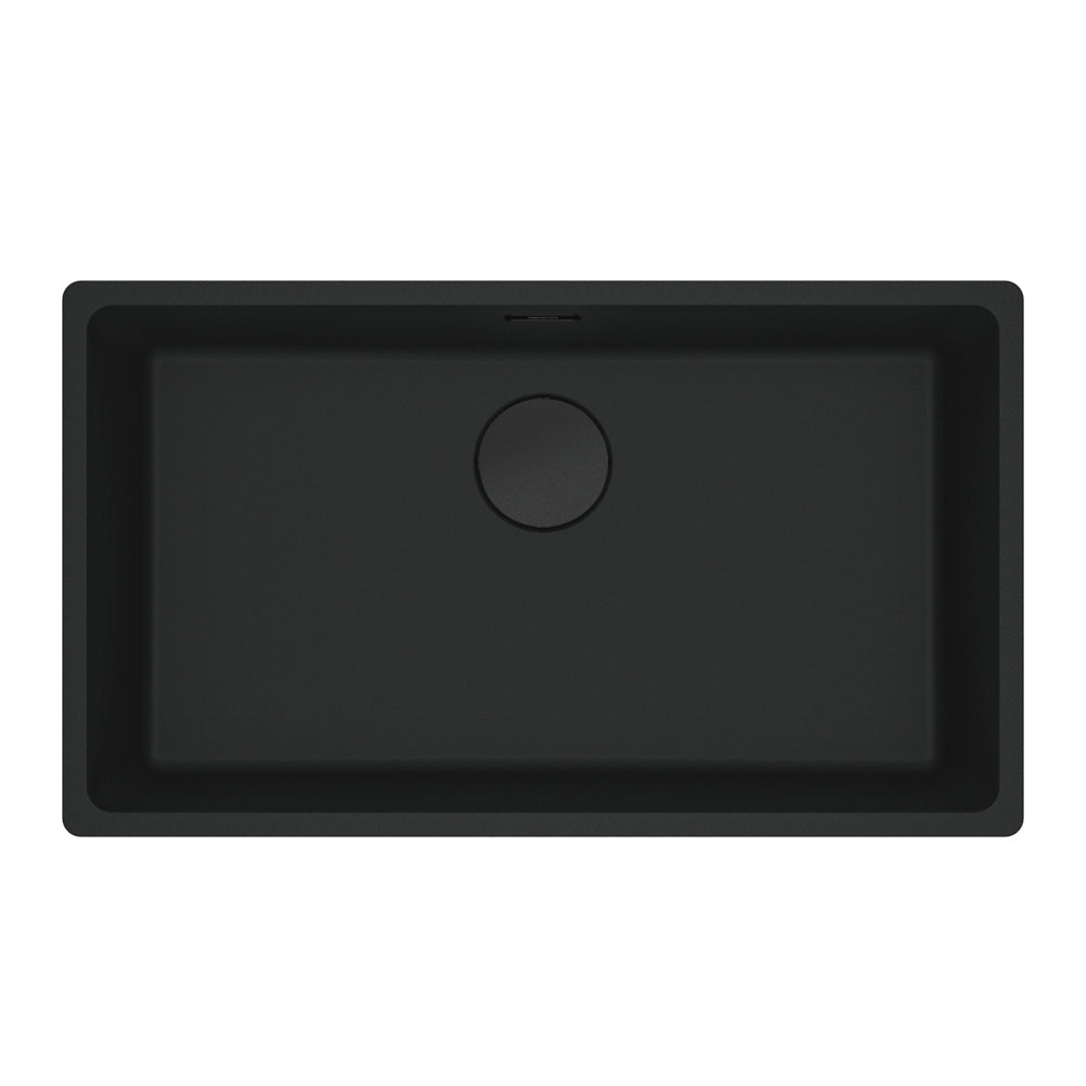 Sleek black single bowl granite sink with a matt black finish, ideal for contemporary kitchen designs