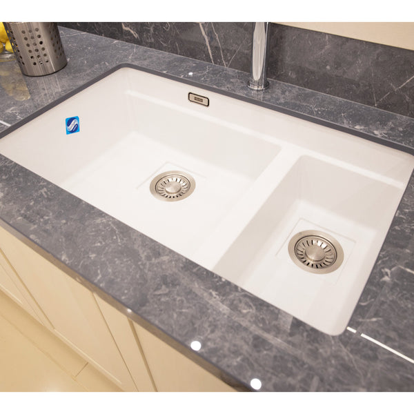 Franke Fragranite Sink Kubus 2 KNG 120 in white with one large bowl and one smaller bowl for versatile kitchen use.