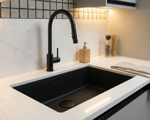 Modern kitchen with a black sink and faucet