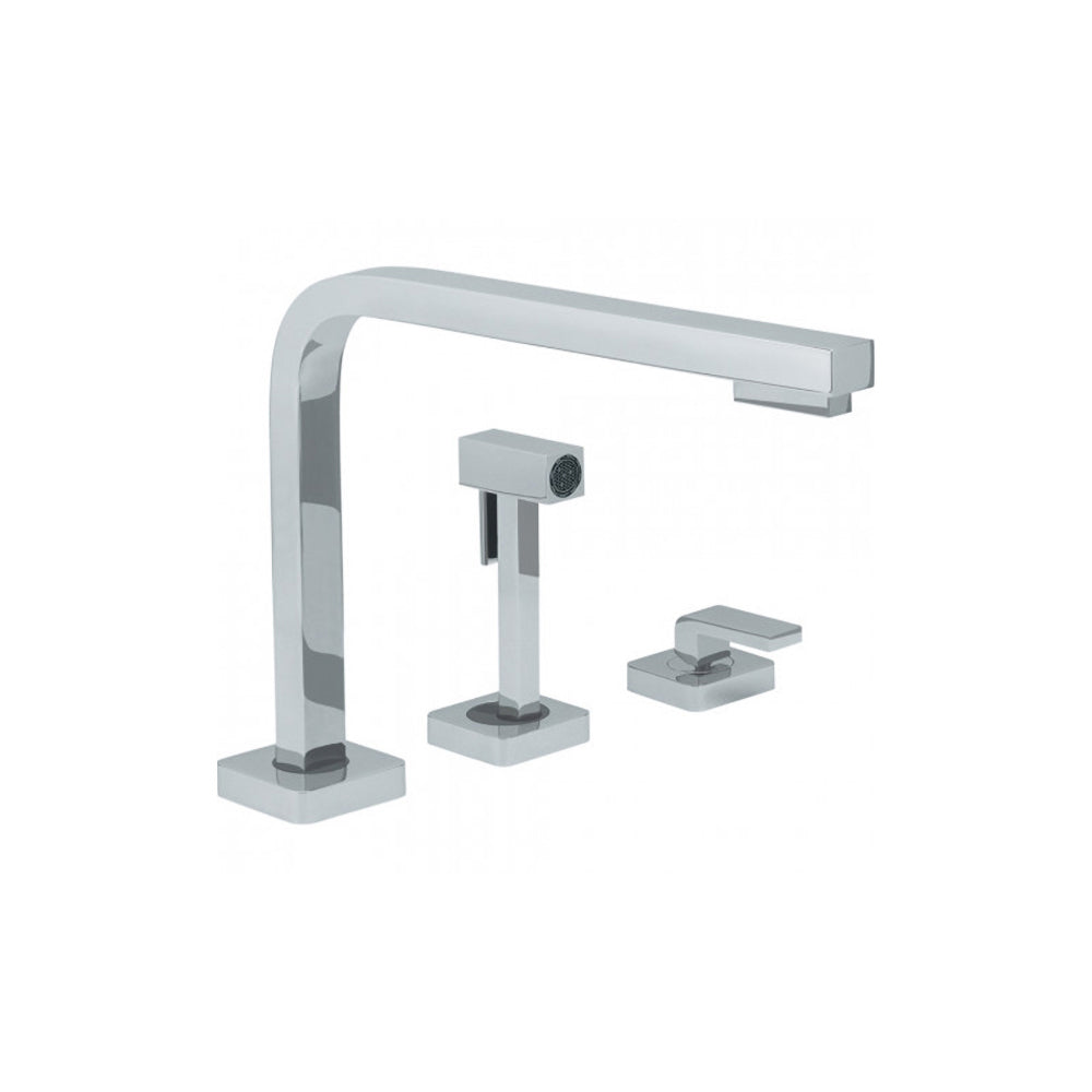 Franke Quantum Three kitchen faucet in chrome with 360-degree swivel and side spray, featuring a single-lever design and ceramic disc cartridge for smooth, drip-free operation.