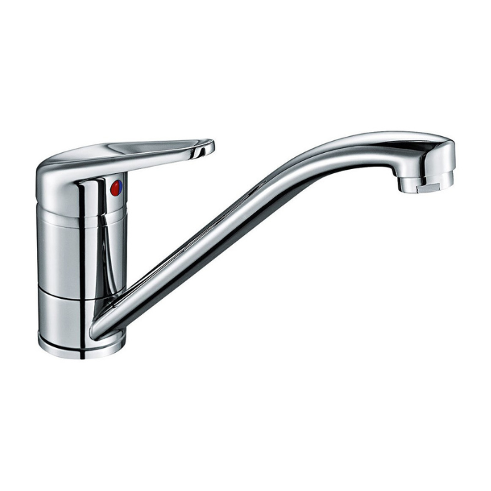 Franke Sesia/Novara Plus stainless steel kitchen mixer with a chrome-plated finish, 360° swivel spout, and single-lever operation for easy water control.