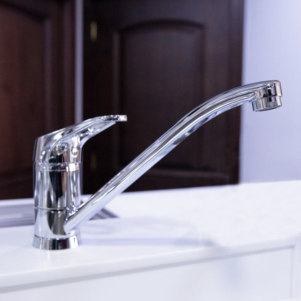 Franke Sesia/Novara Plus kitchen faucet featuring a durable ceramic disc cartridge, corrosion-resistant chrome finish, and ergonomic single-lever handle.