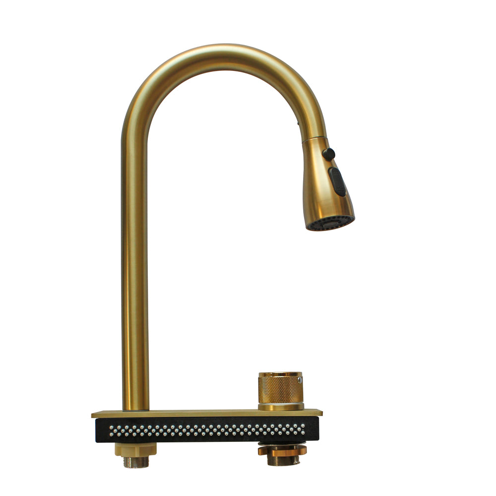 Gold-Plated Waterfall Sink Mixer with Pull-Out Spray, this kitchen faucet features a luxurious gold-plated finish, 360° rotation, and three water flow modes, including a waterfall function for an elegant and efficient washing experience.