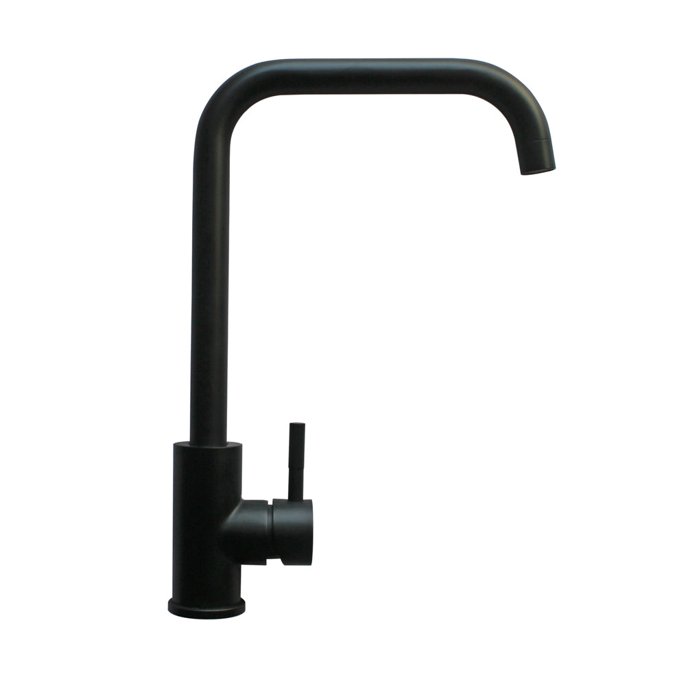 Black Stainless Steel Kitchen Faucet – Al Meera Gooseneck Mixer with 360° Rotation for flexible water flow, sleek design, and durable stainless steel construction.