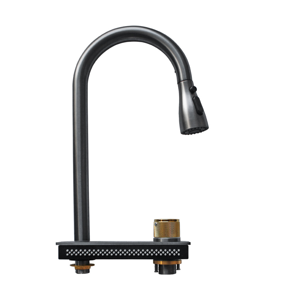 Waterfall Sink Mixer in Black Stainless Steel with Pull-Out Spray and 360° Swivel Rotation.