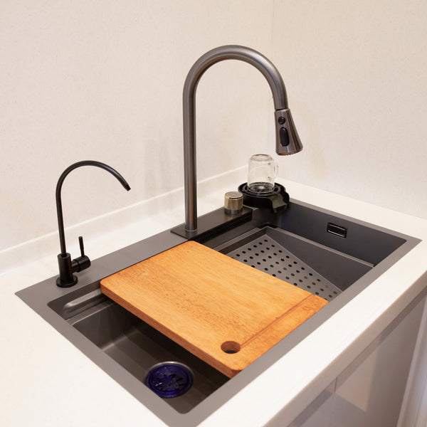 Multifunctional Kitchen Sink, Black Sink, Pull Out Sink with Filter & Glass Rinser